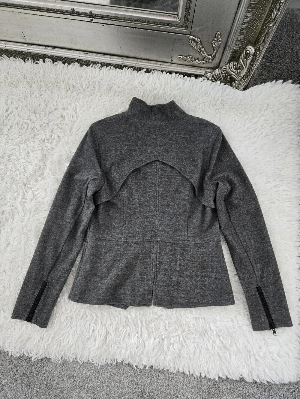 CAbi #3556 Gray Rebel Motto Asymmetrical Zip Up Ponte Knit Jacket Size small